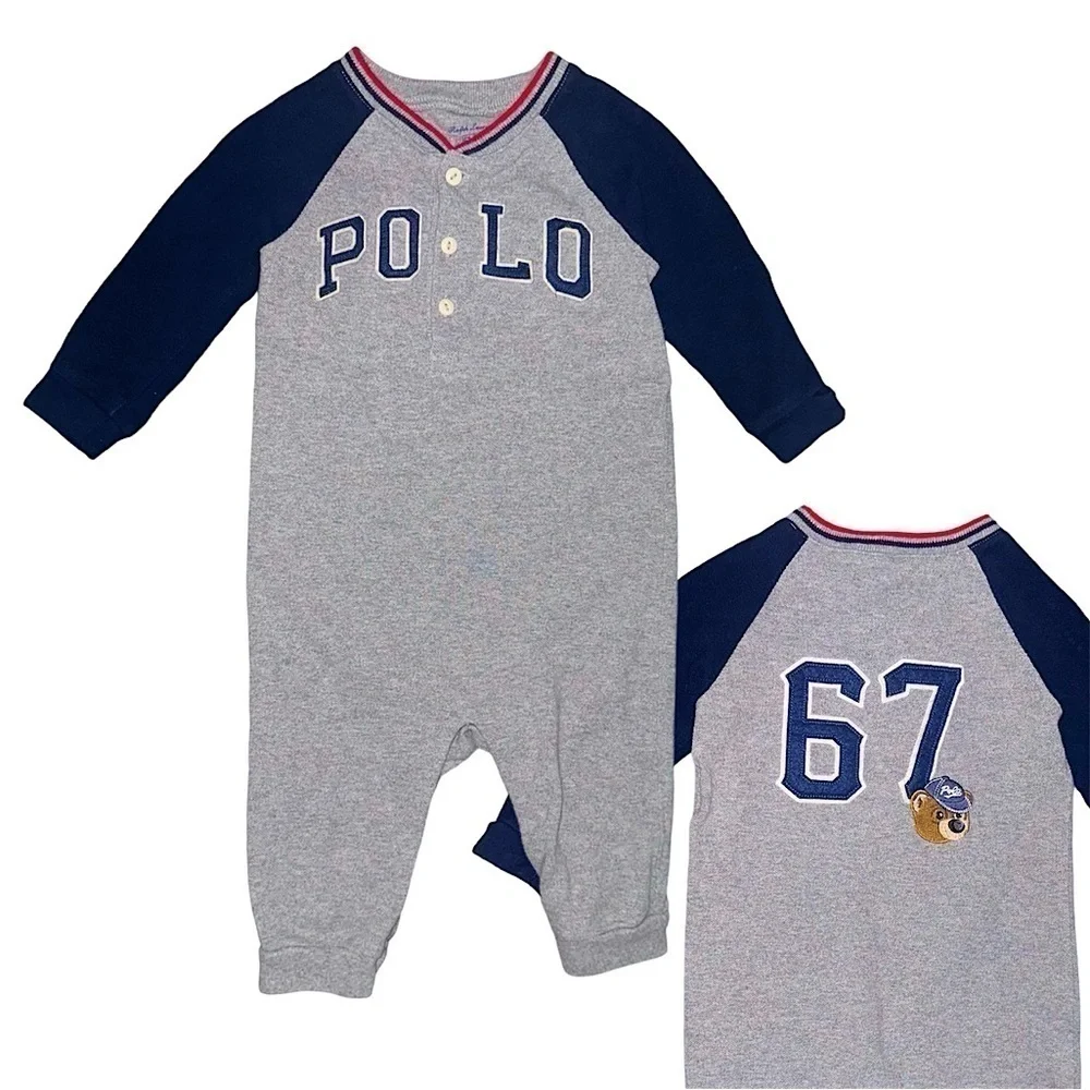 Ralph Lauren Polo Logo Embroidered Bear Baseball Long Sleeve Cotton Onesie Sz 9M